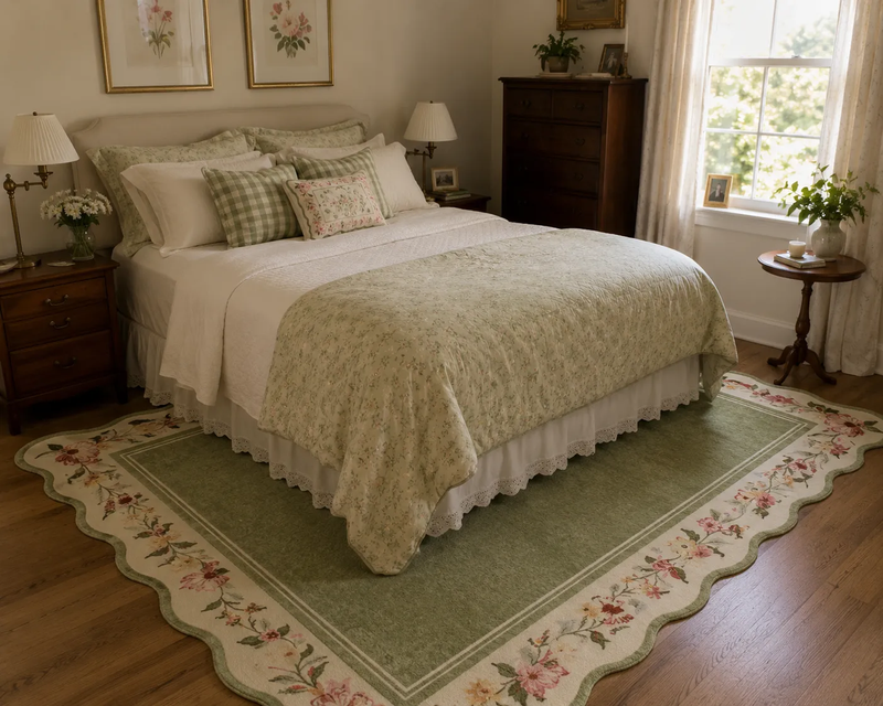 ariele washable vintage floral scalloped sage green rug
