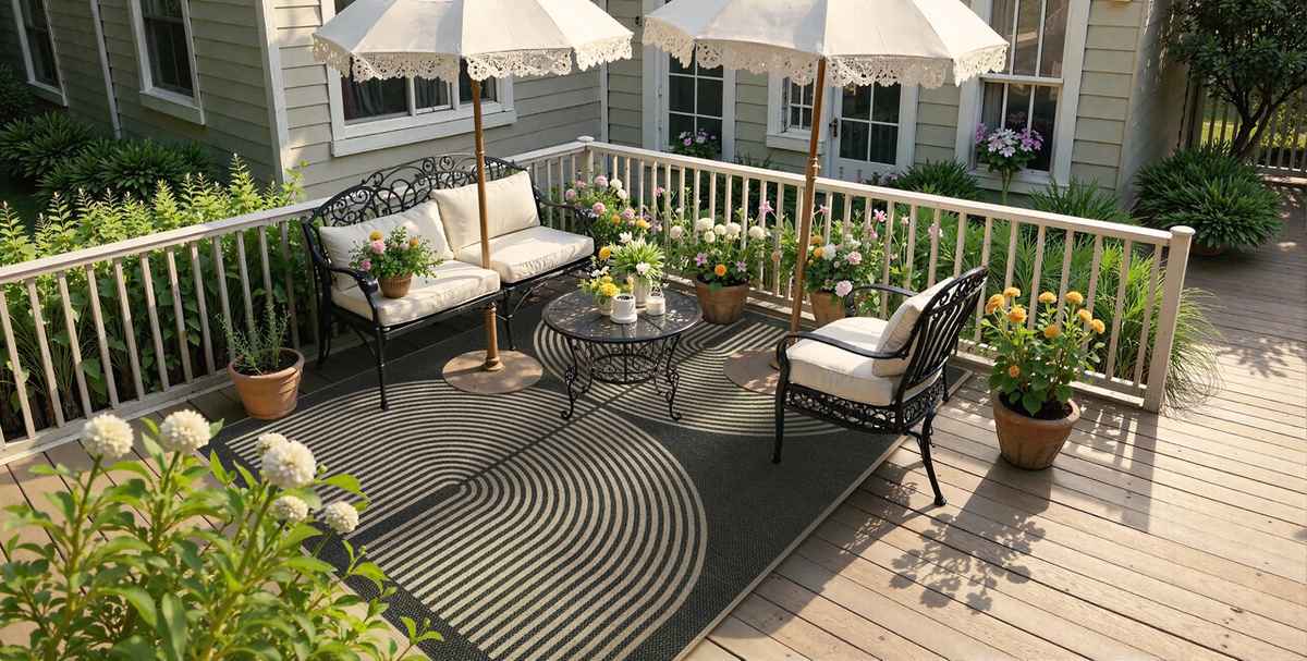 Outdoor patio seating with umbrellas on a large deck area rug