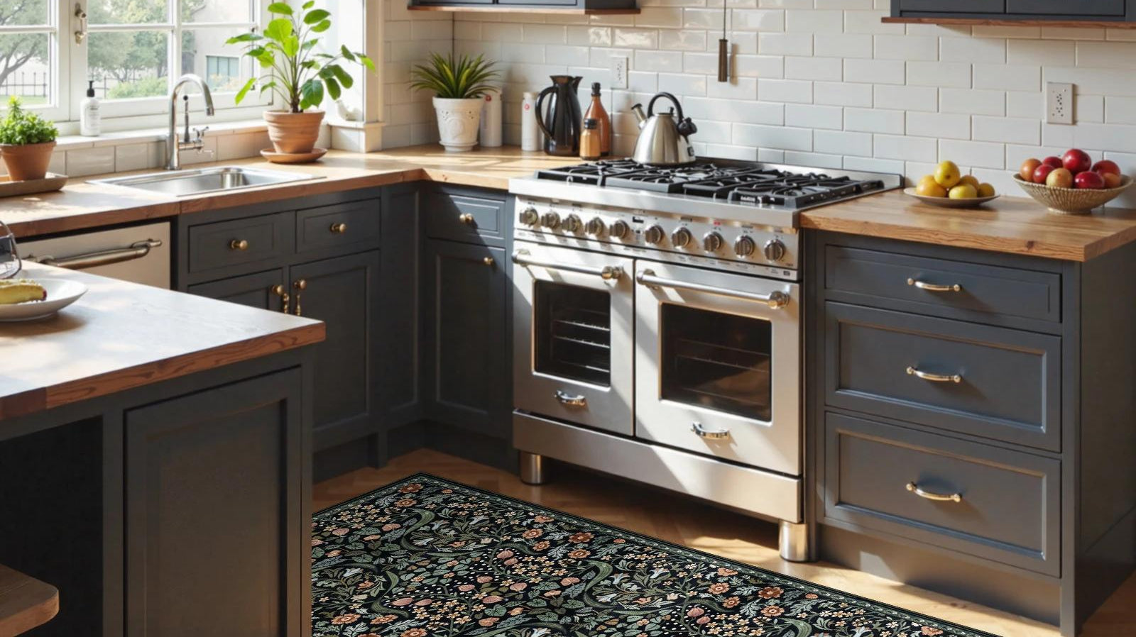 Floral kitchen runner rug on herringbone wood floor