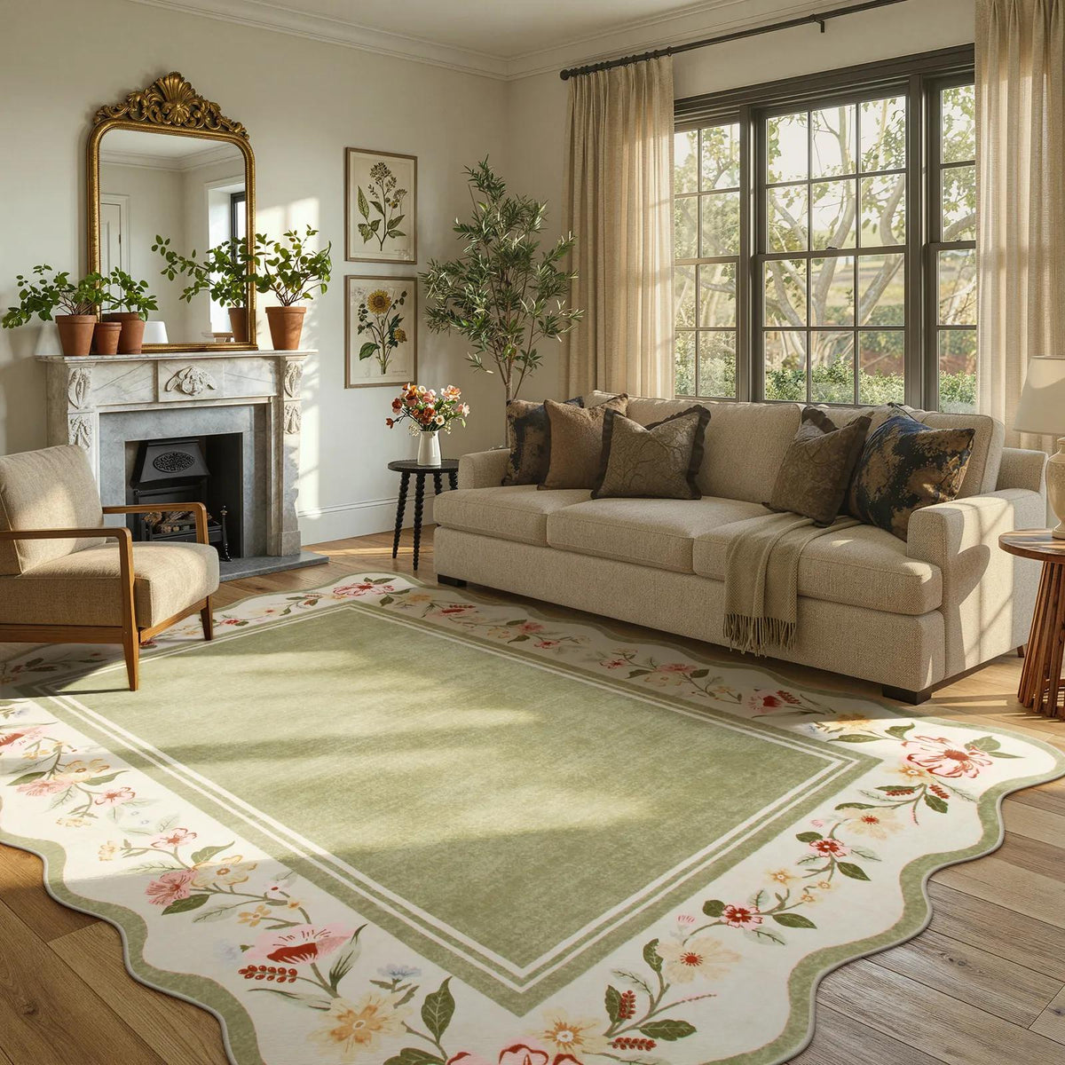 Light green floral area rug in a traditionally decorated living room