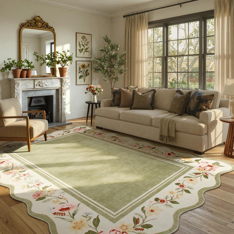 Light green floral area rug in a traditionally decorated living room