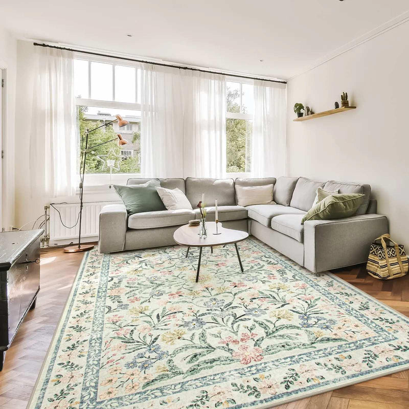 Light floral vintage rug with pastel colors in a modern spring living room