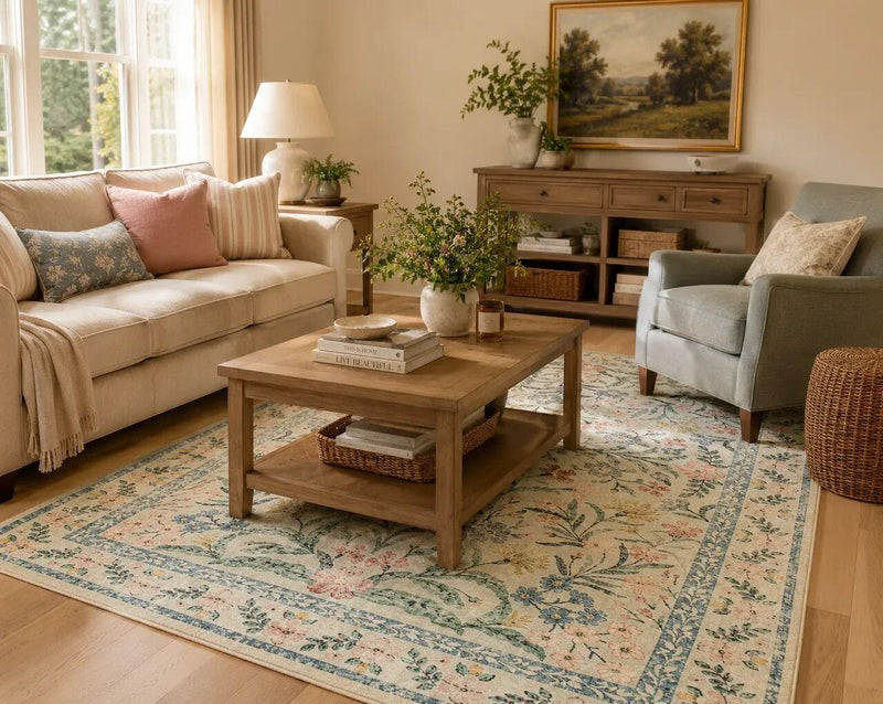 Rectangular floral rug under a coffee table in a living room seating area