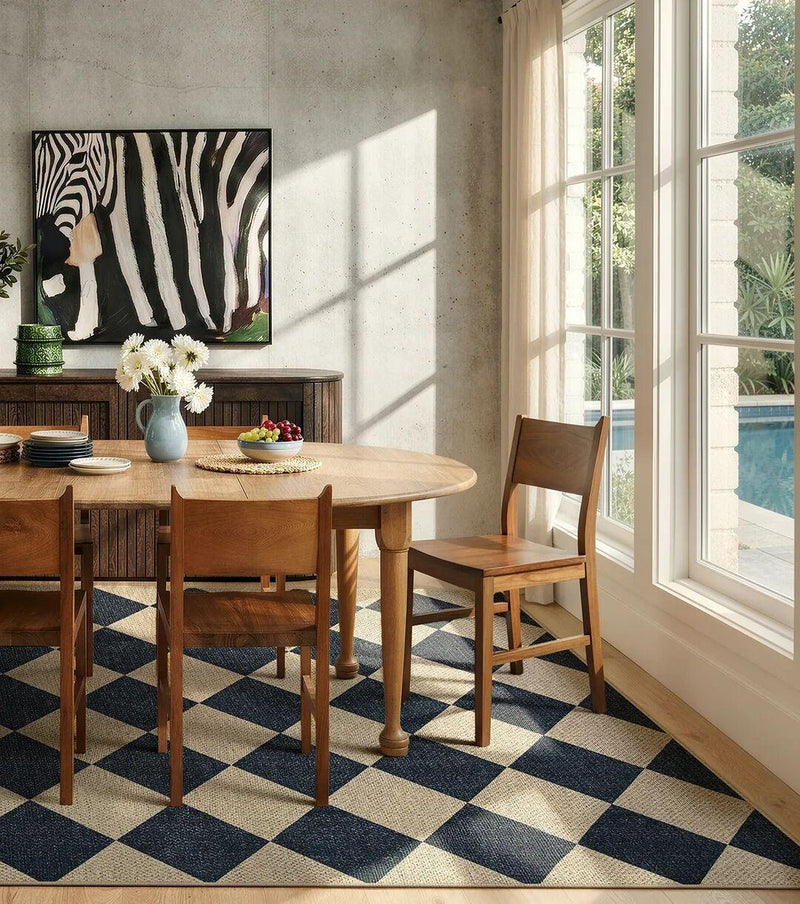 Blue and beige diamond washable rug enhances dining room update