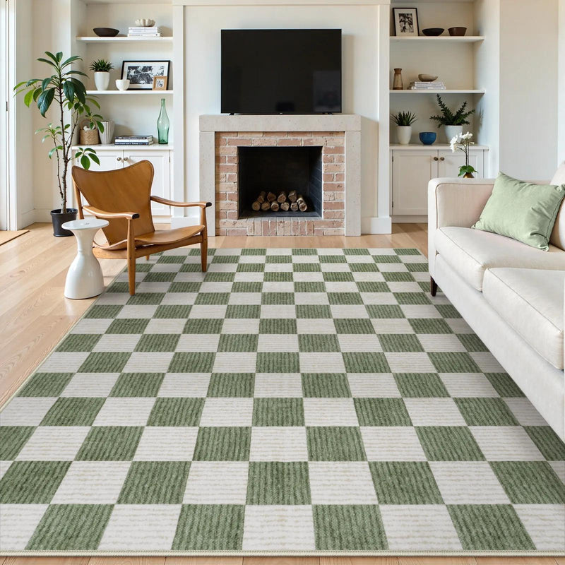 Echec washable modern checkerboard olive green rug