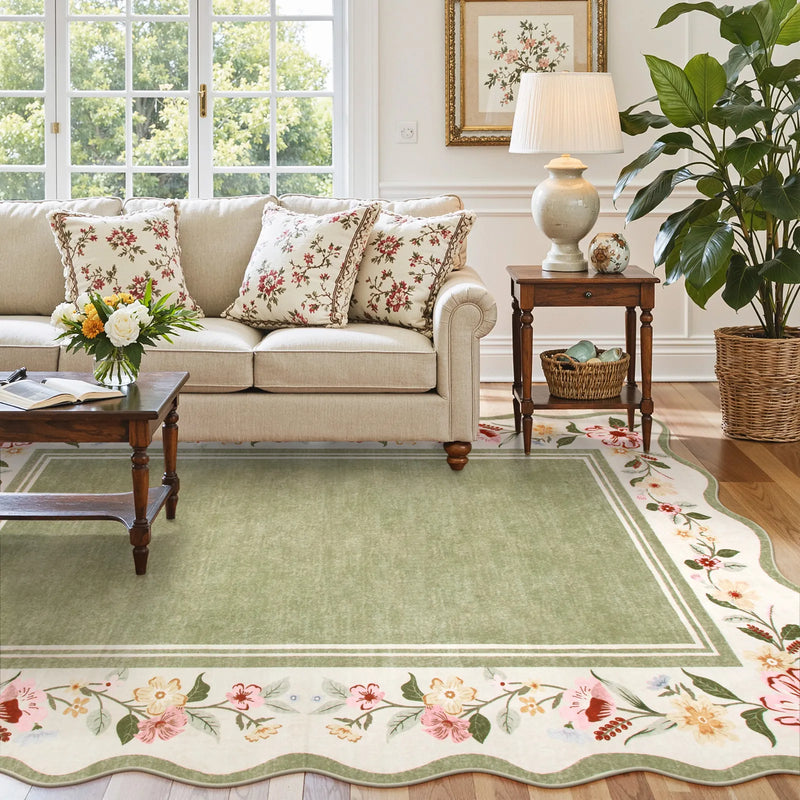 Green floral rug under beige living room sofa