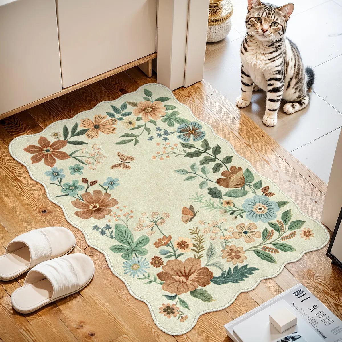 Flore Washable Boho Modern Parisian Floral Scalloped Beige Rug Clearance Rugs Lahome 2' x 3'