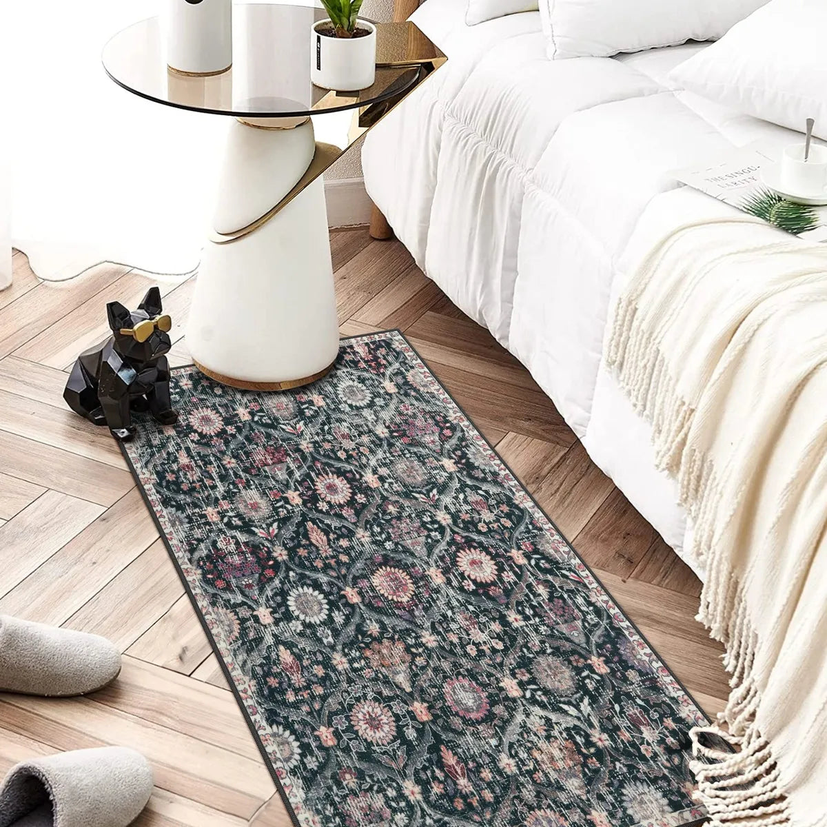 Elise Washable Ultra-thin Vintage Floral Moroccan Trellis Black Rug Area Rugs Lahome