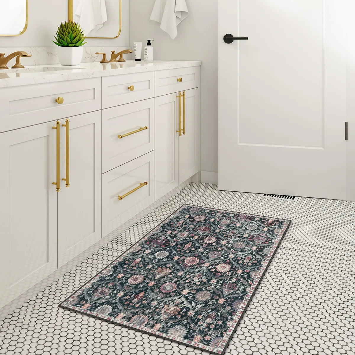 Elise Washable Ultra-thin Vintage Floral Moroccan Trellis Black Rug Area Rugs Lahome