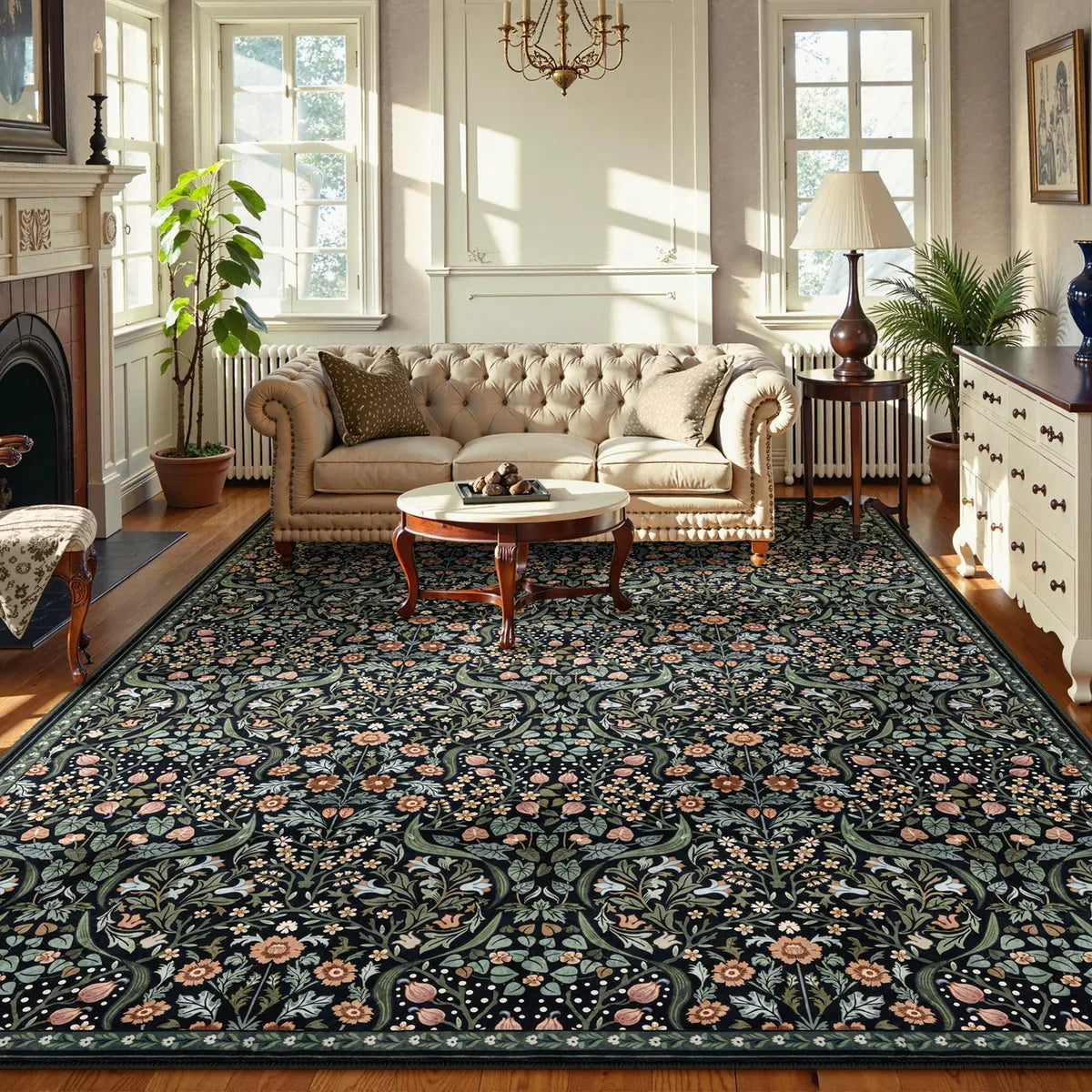 Claude Washable Maximalism Vibrant Blossom Floral Black Rug Area Rugs Lahome 10' x 14'
