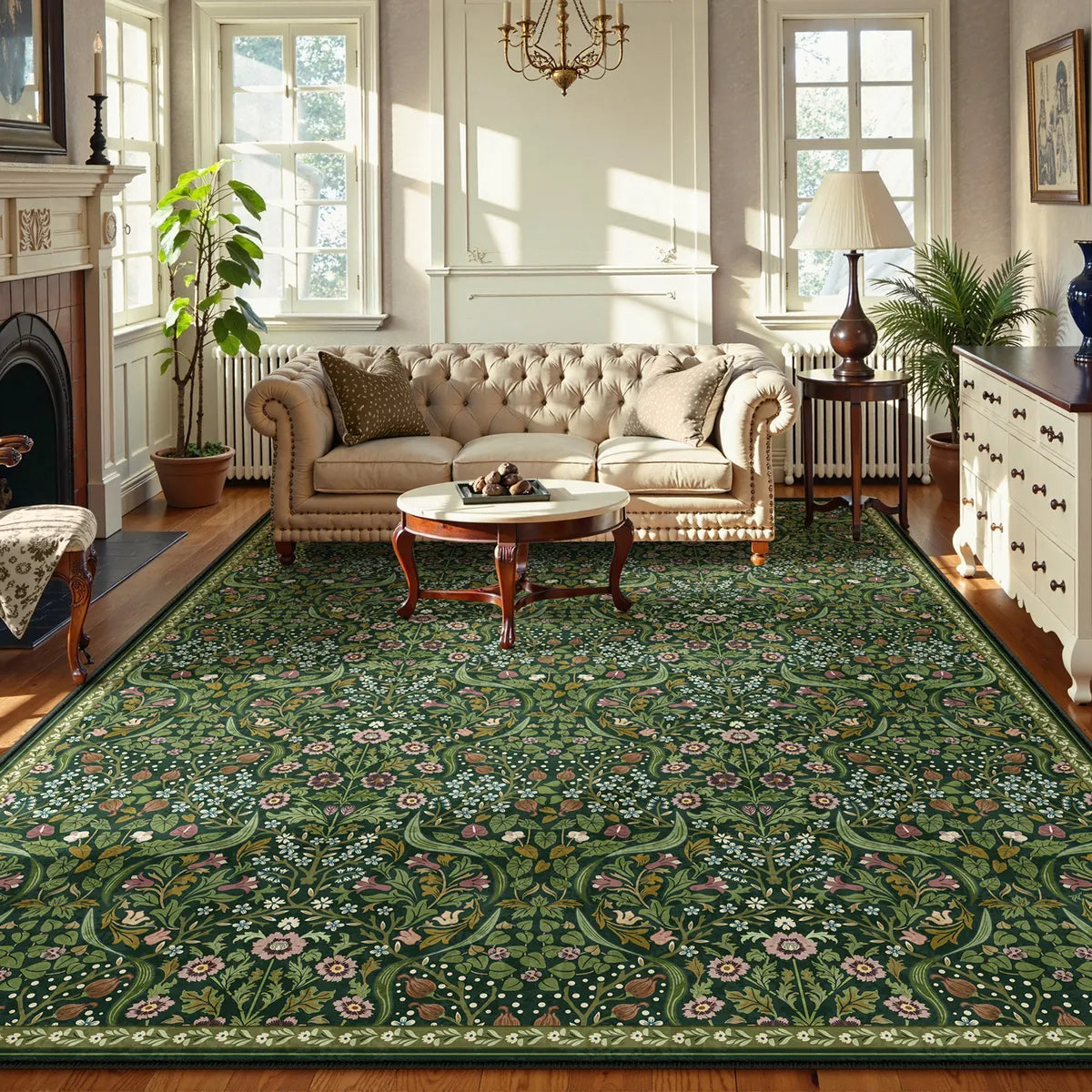 Claude Washable Maximalism Vibrant Blossom Floral Dark Green Rug Area Rugs Lahome 10' x 14'
