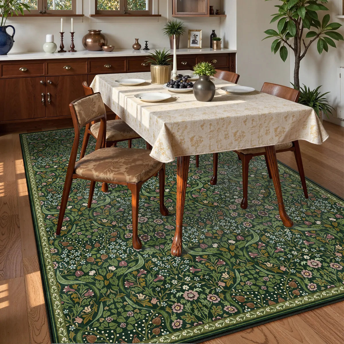 Claude Washable Maximalism Vibrant Blossom Floral Dark Green Rug Area Rugs Lahome