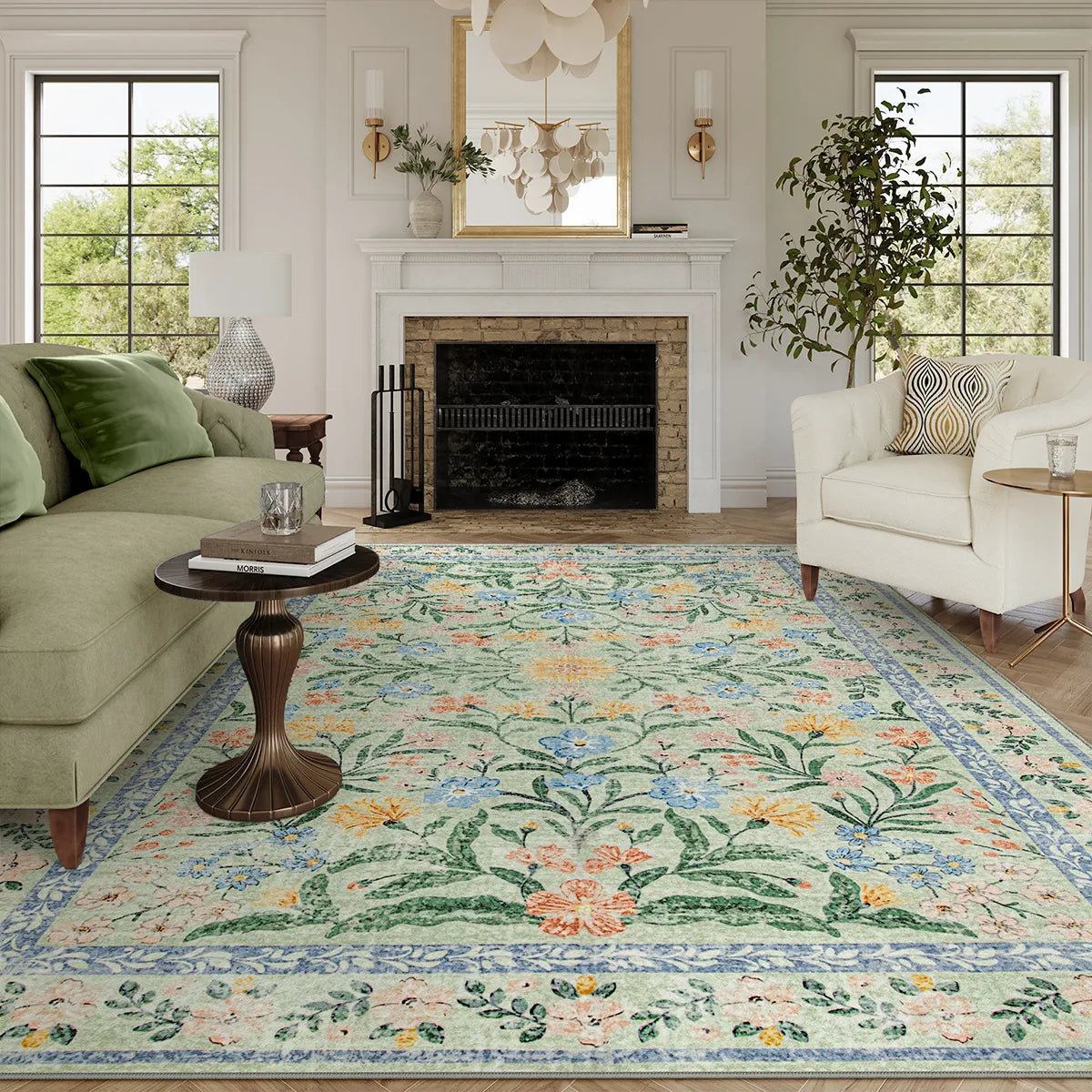 Sylvie Washable Boho Modern Parisian Garden Floral Green Rug Area Rugs Lahome