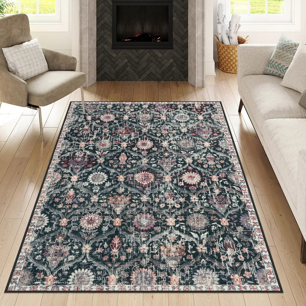 Elise Washable Ultra-thin Vintage Floral Moroccan Trellis Black Rug Area Rugs Lahome
