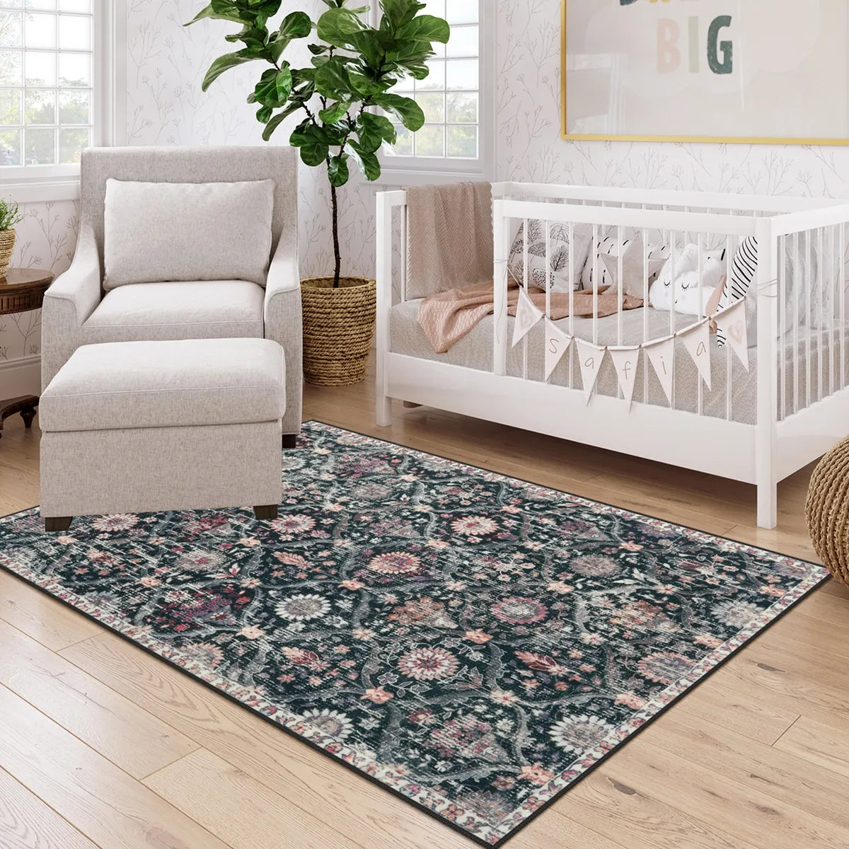 Elise Washable Ultra-thin Vintage Floral Moroccan Trellis Black Rug Area Rugs Lahome