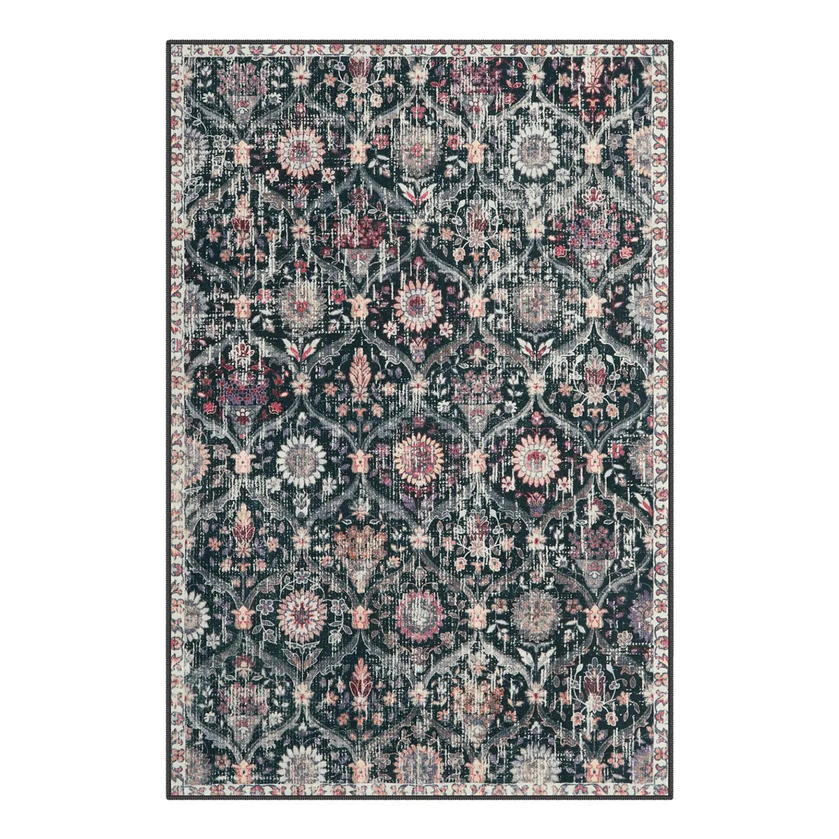 Elise Washable Ultra-thin Vintage Floral Moroccan Trellis Black Rug Area Rugs Lahome