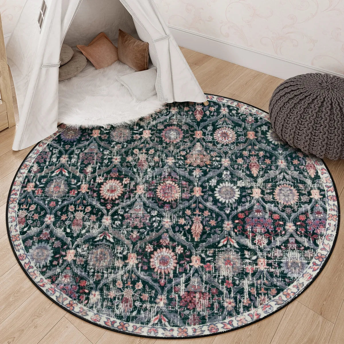 Elise Ultra-thin Transitional Vintage Floral Moroccan Trellis Black Rug