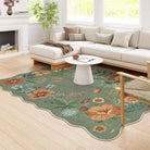 Flore Washable Boho Modern Parisian Floral Scalloped Green Rug Area Rugs Lahome