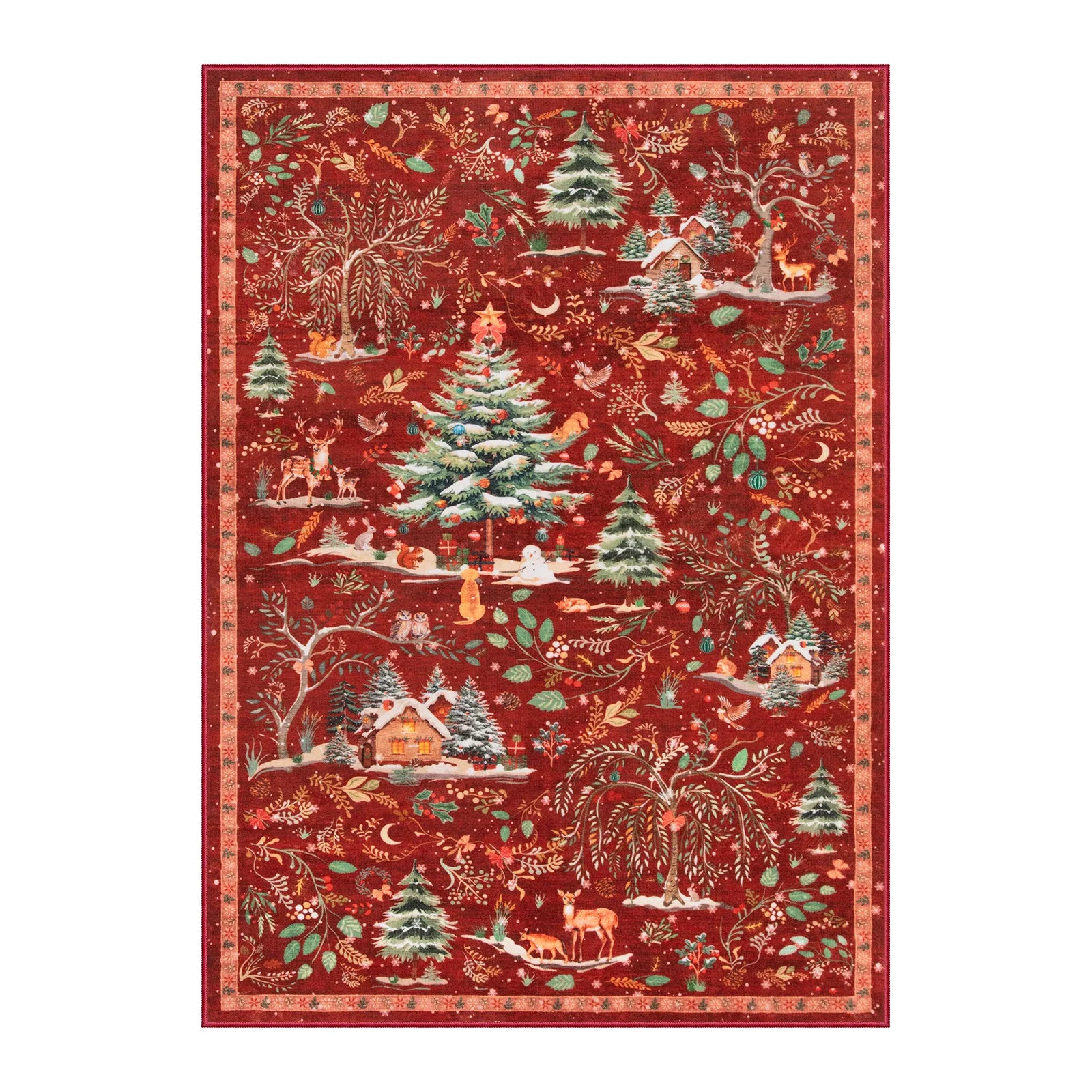 Jocelyn Christmas Washable Winter Woodland Cabin Red Rug Area Rugs Lahome