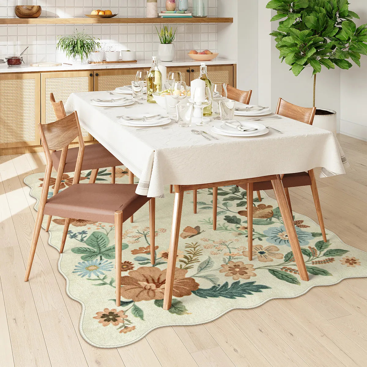 Flore Washable Boho Modern Parisian Floral Scalloped Beige Rug Clearance Rugs Lahome