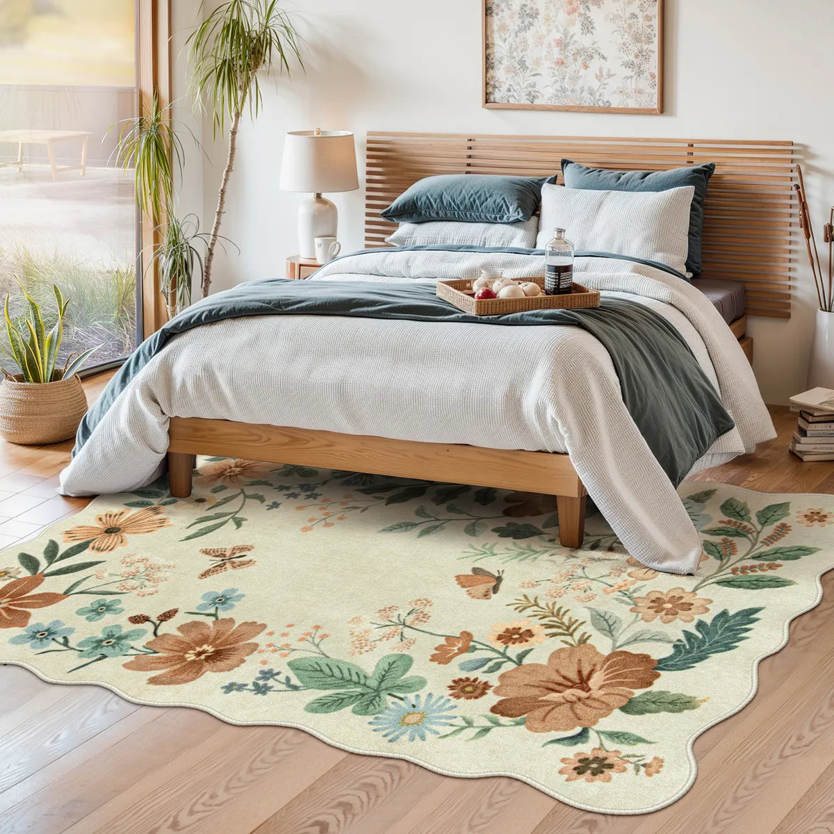 Flore Washable Boho Modern Parisian Floral Scalloped Beige Rug Clearance Rugs Lahome 5' x 7'