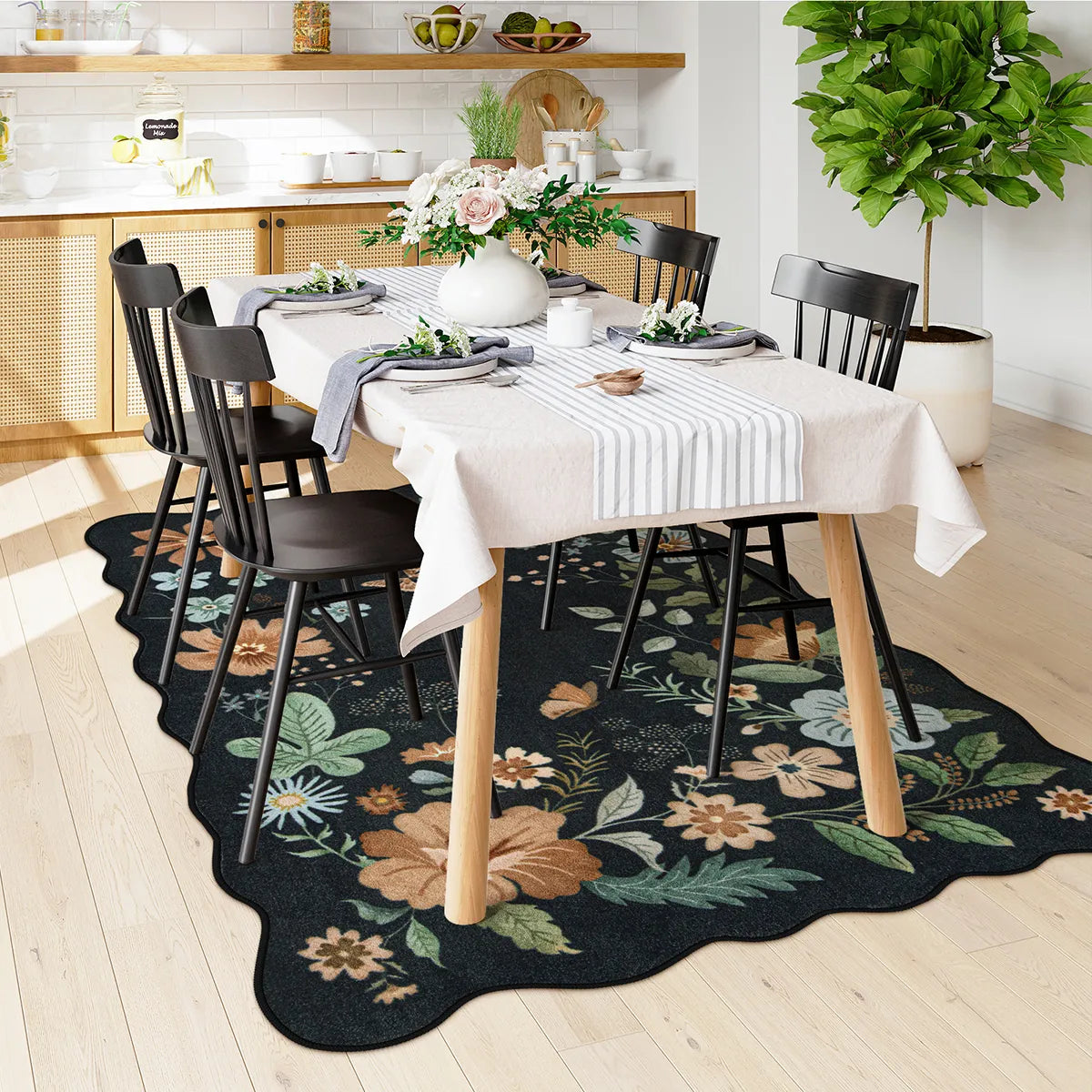Flore Washable Boho Modern Parisian Floral Scalloped Black Rug Area Rugs Lahome