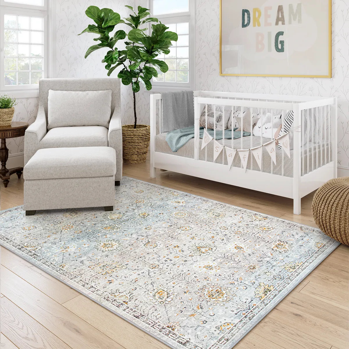 Flavie Washable Boho Modern Parisian Floral Aesthetic Blue/Grey Rug Area Rugs Lahome