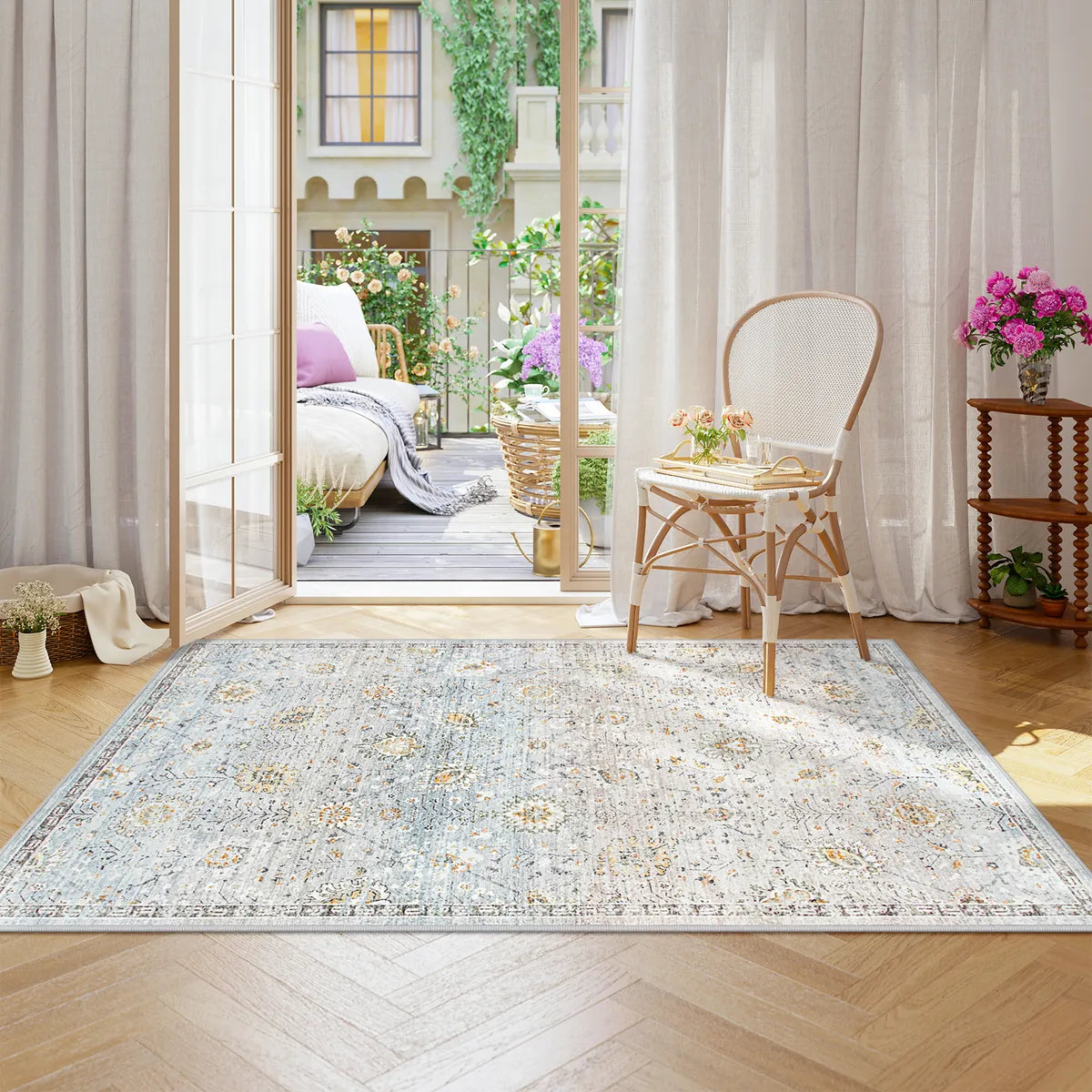 Flavie Washable Boho Modern Parisian Floral Aesthetic Blue/Grey Rug Area Rugs Lahome