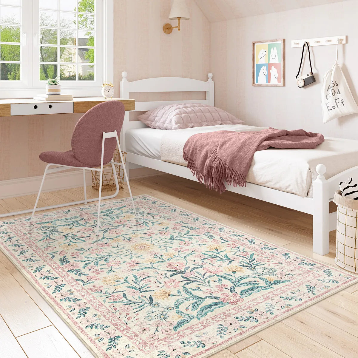 Sylvie Washable Boho Modern Parisian Garden Floral Pink Rug Area Rugs Lahome
