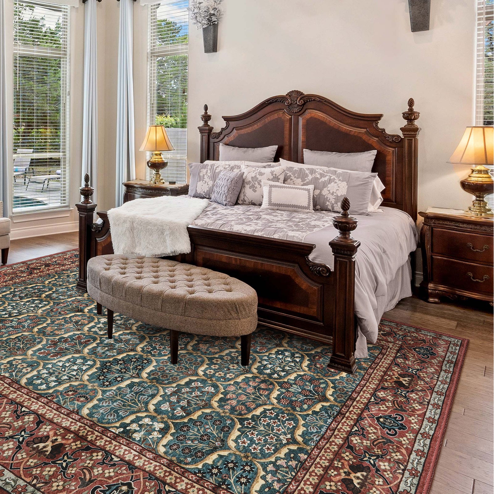 Clearance Elodie Washable Boho Vintage Trellis Floral Red Rug Clearance Rugs Lahome 5' x 7'