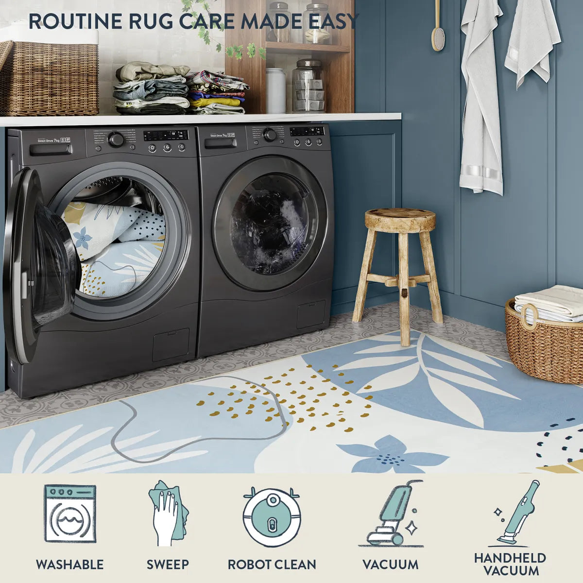 Kiki Washable Modern Botanical Leaf Print Blue Area Rug Area Rugs Lahome