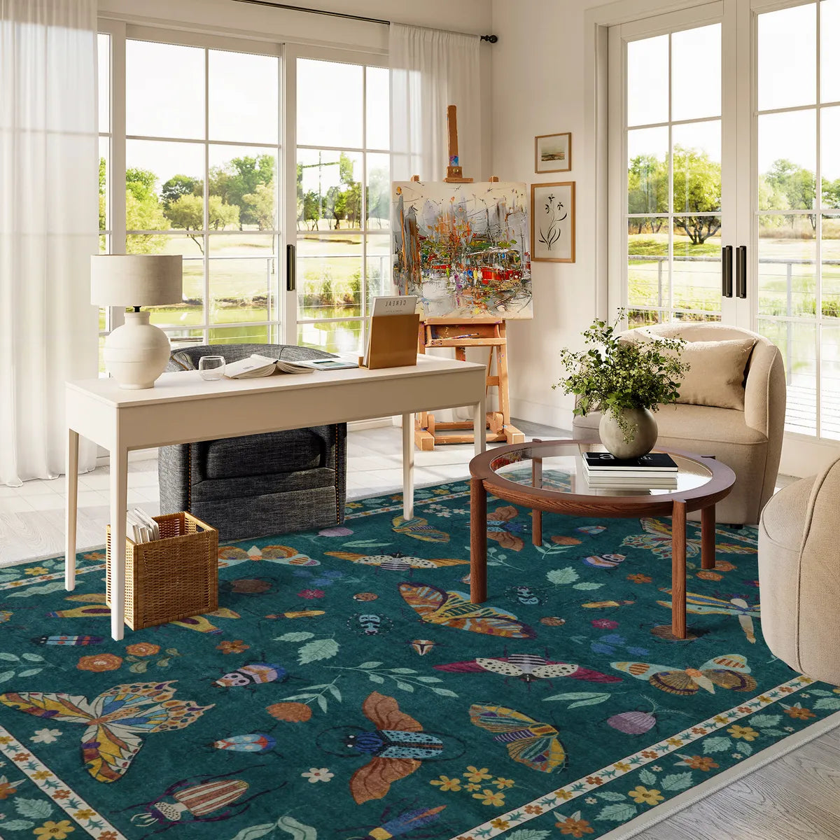 Vionnet Washable Modern Parisian Insect Green Area Rug Clearance Rugs Lahome 6' x 9'