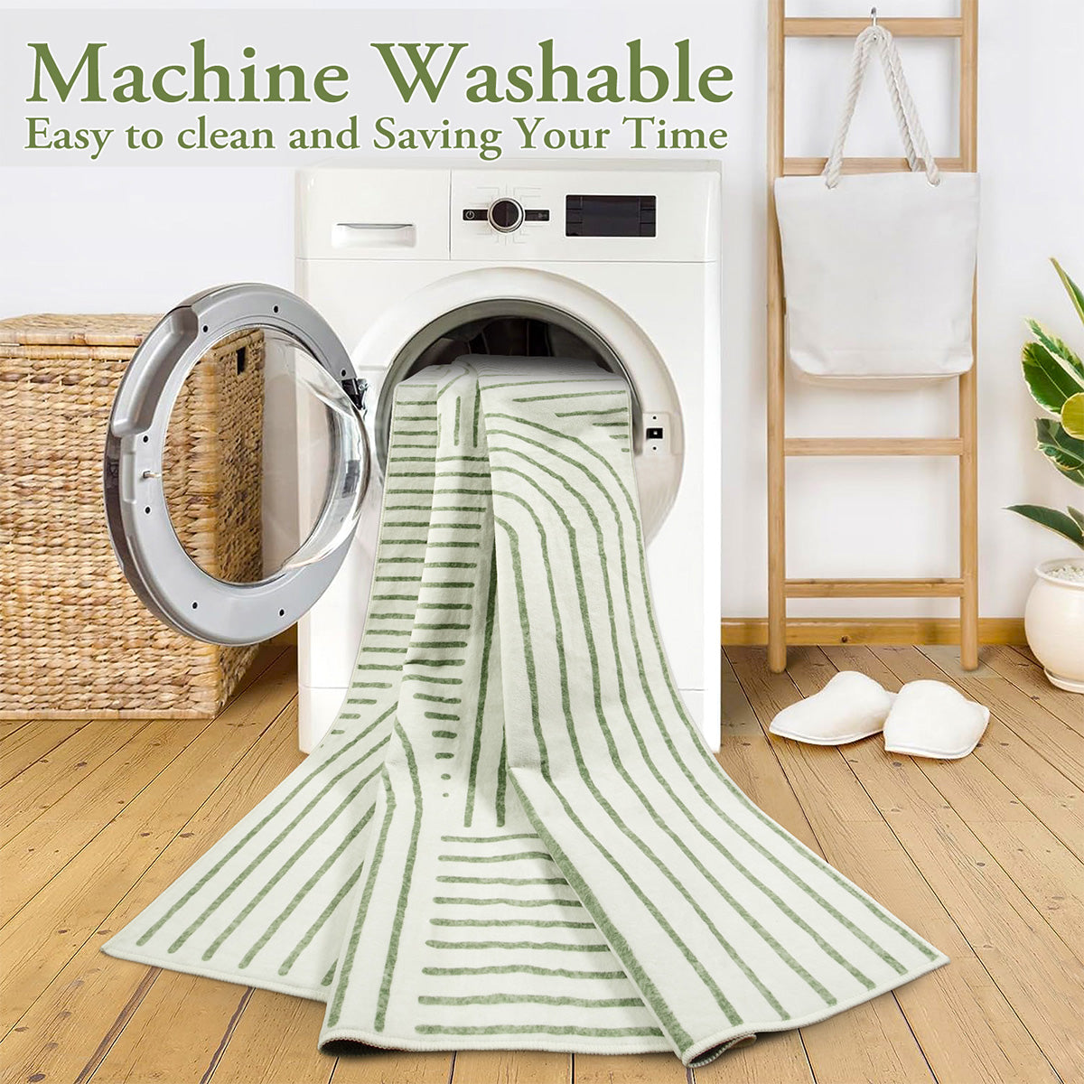 Darrell Washable Abstract Rainbow Stripe Green/White Rug Area Rugs Lahome