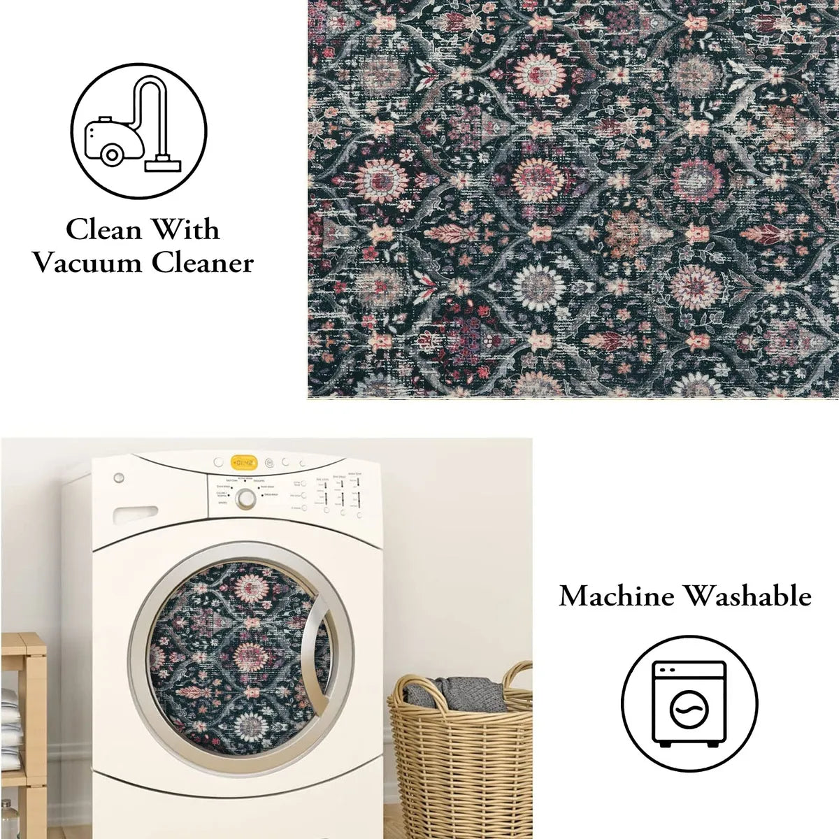 Elise Washable Ultra-thin Transitional Vintage Floral Moroccan Trellis Black Rug Area Rugs Lahome