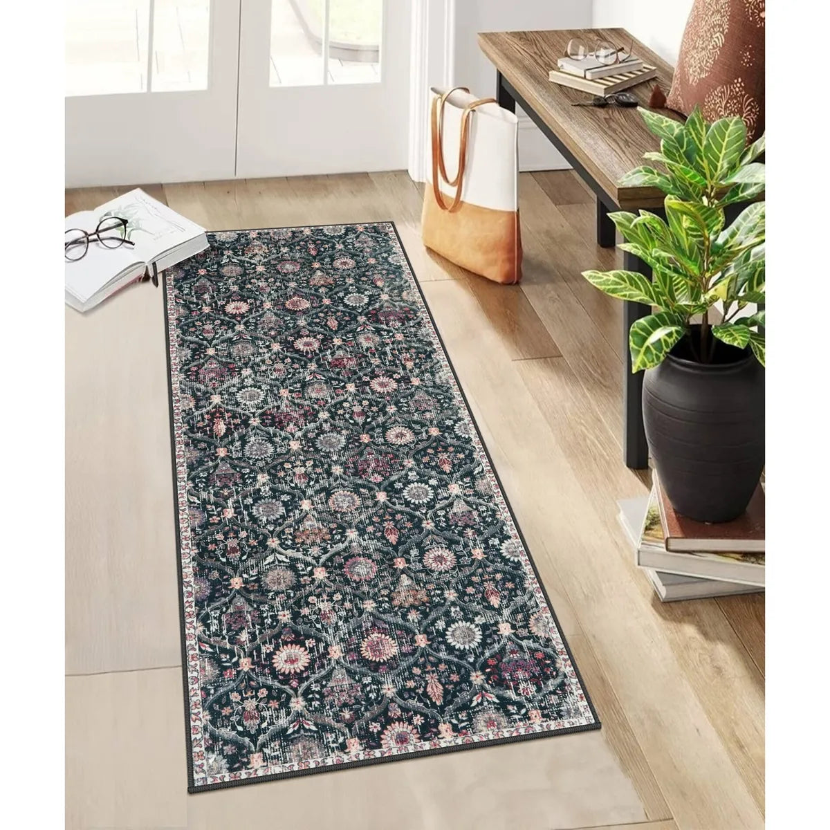 Elise Washable Ultra-thin Vintage Floral Moroccan Trellis Black Rug Area Rugs Lahome