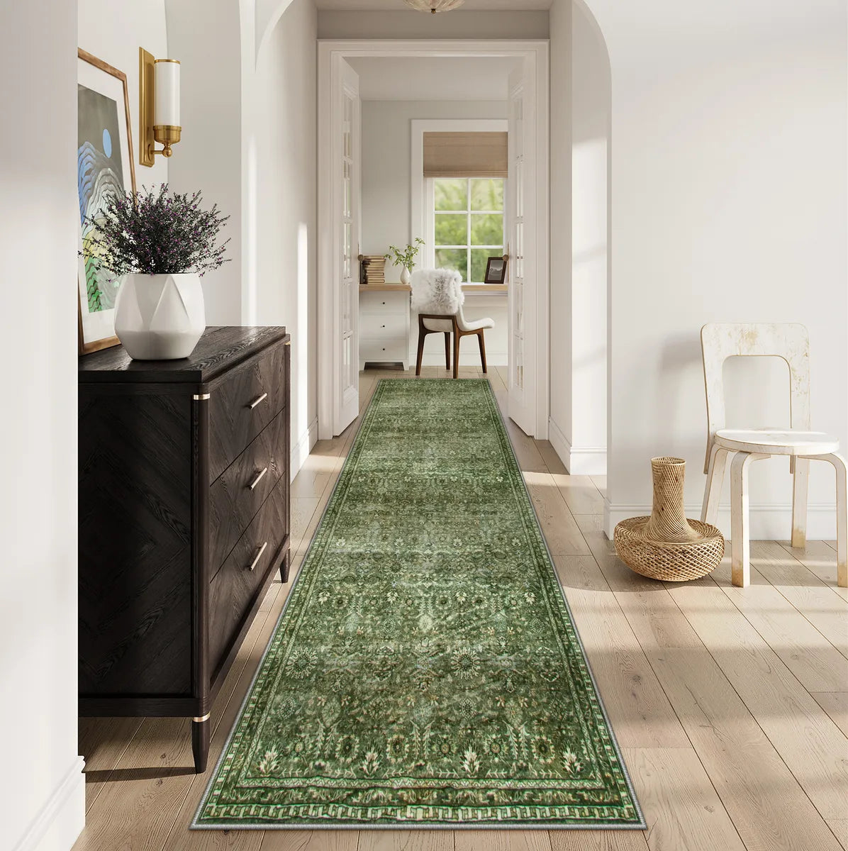 Lahome Washable Vintage Persian Moss Green Area Rug for living room.