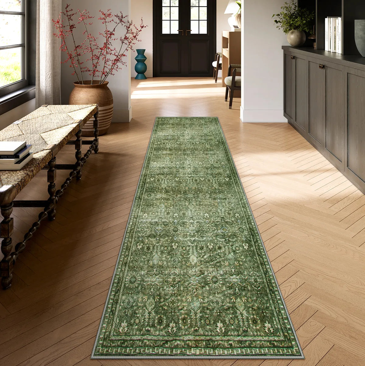 2.5' x 12' Lahome Washable Vintage Persian Moss Green Runner Rug for hallway.