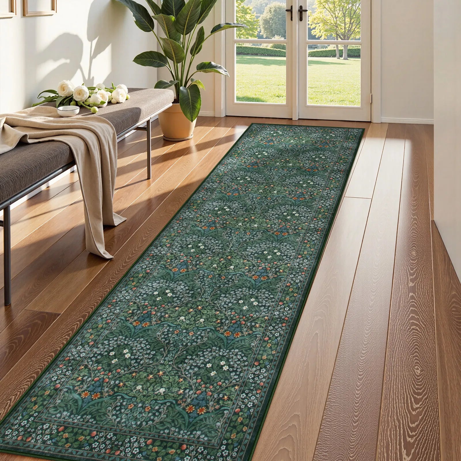 Giverny Washable Maximalism Vintage French Floral Dark Green Rug Rugs Lahome 2.5' x 10'