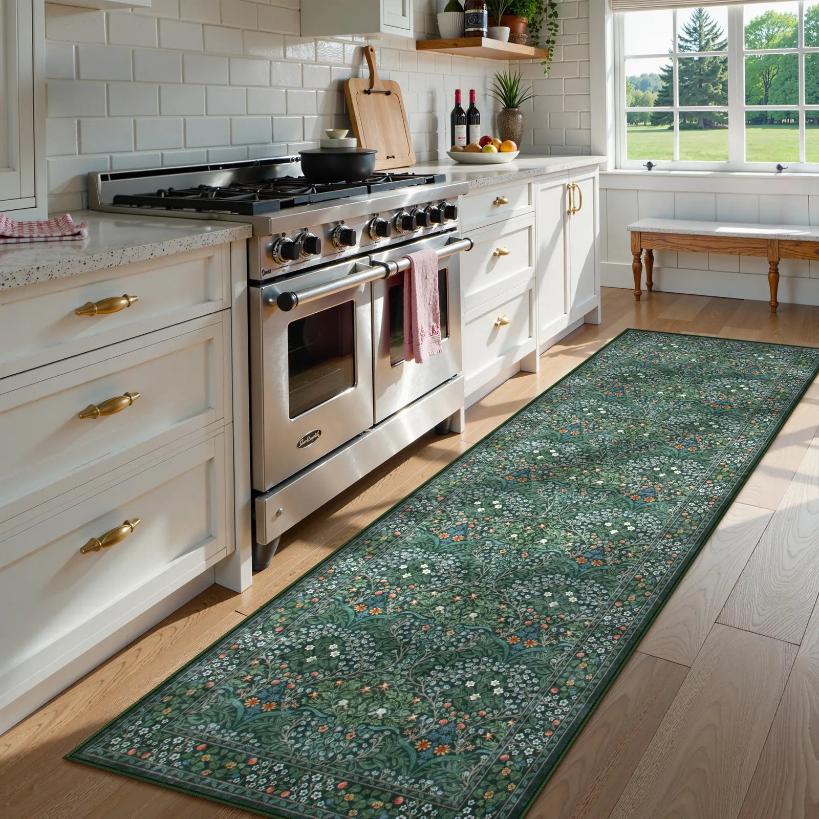 Giverny Washable Maximalism Vintage French Floral Dark Green Rug Rugs Lahome