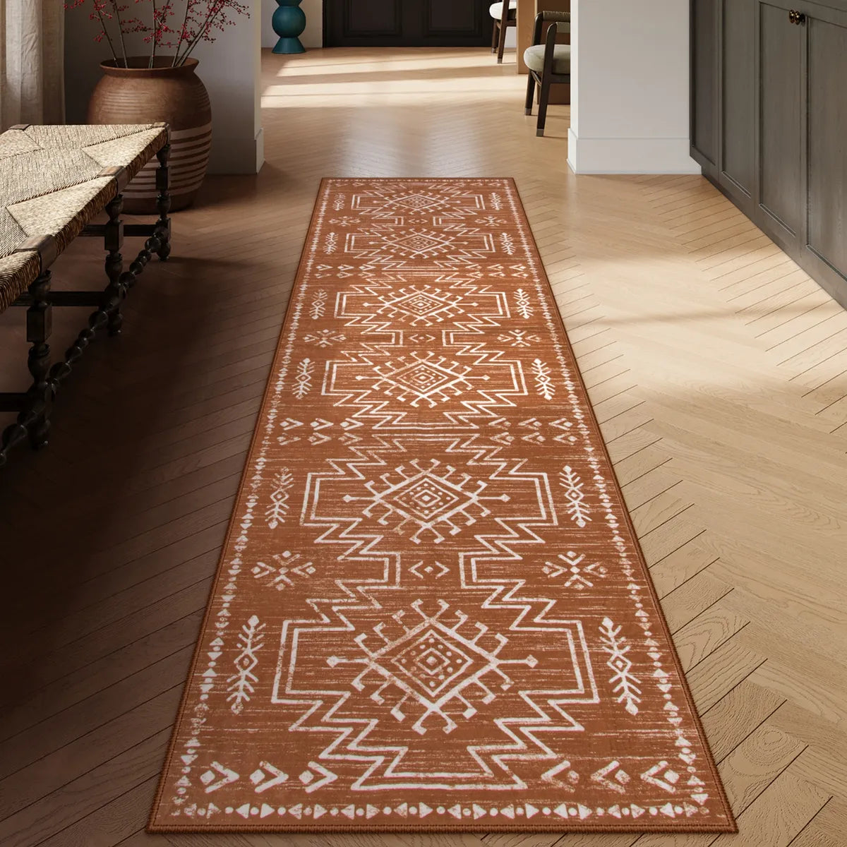 Vivienne Washable Aztec Moroccan Distressed Orange Rug Area Rugs Lahome