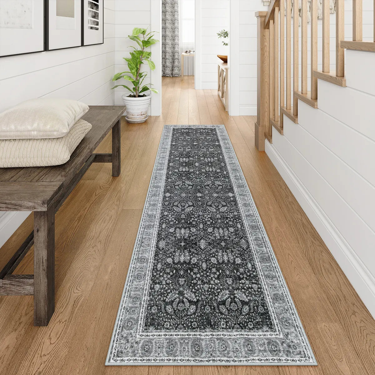 Odette Washable Boho Vintage Border Floral Grey Runner Rug Clearance Rugs Lahome