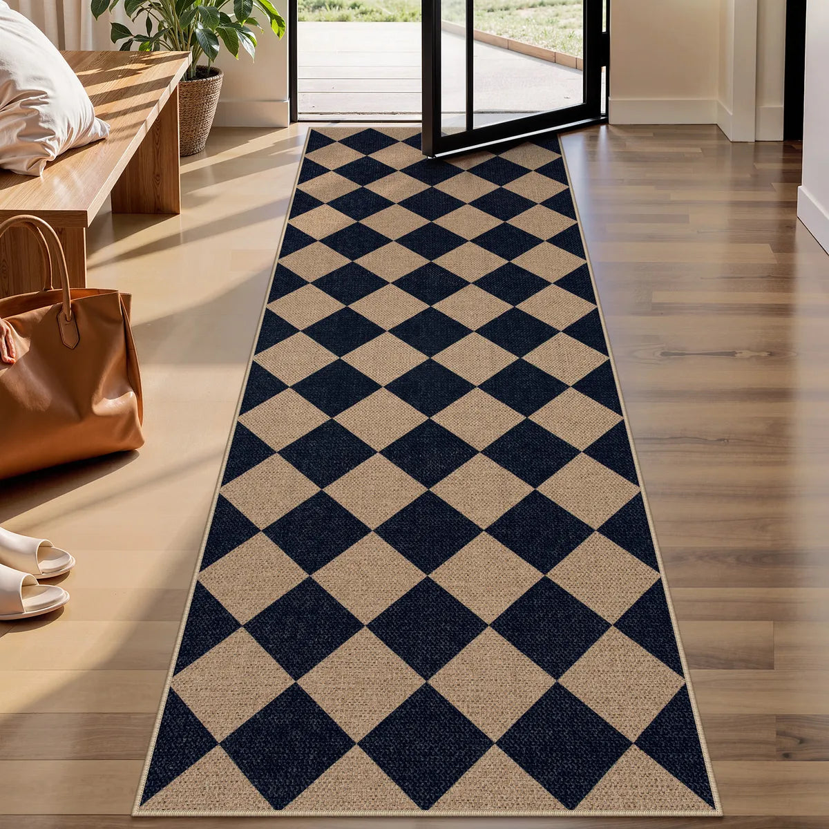 Coline Washable Geometric Checkered Easy Jute Dark Brown Indoor/Outdoor Rug Easy Jute Area Rug Lahome 2'5" x 8'