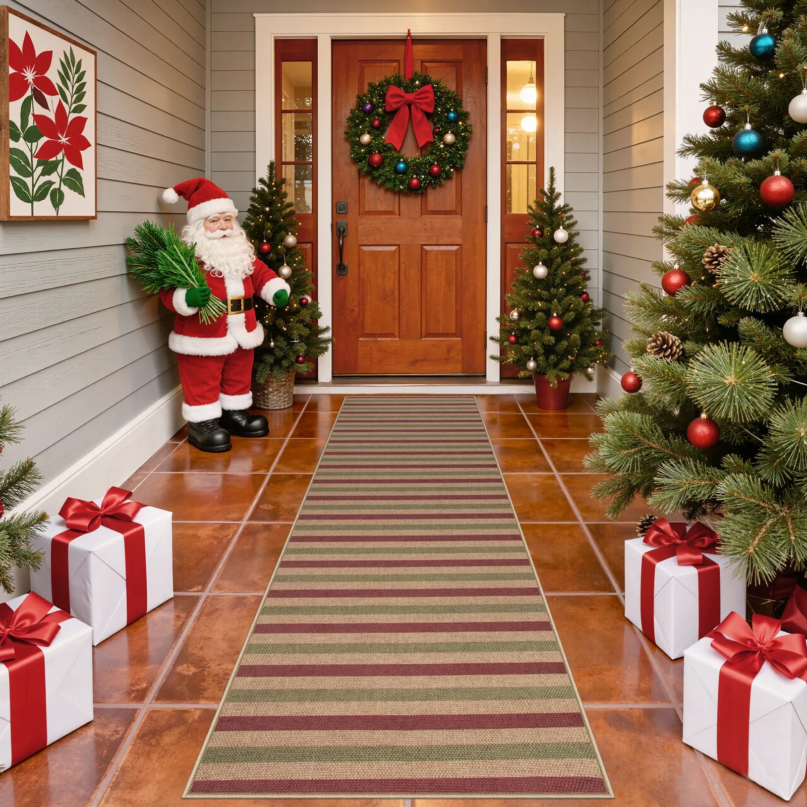 Elance Christmas Washable Easy Jute Slim Striped Red&Green Rug Easy Jute Rug Lahome