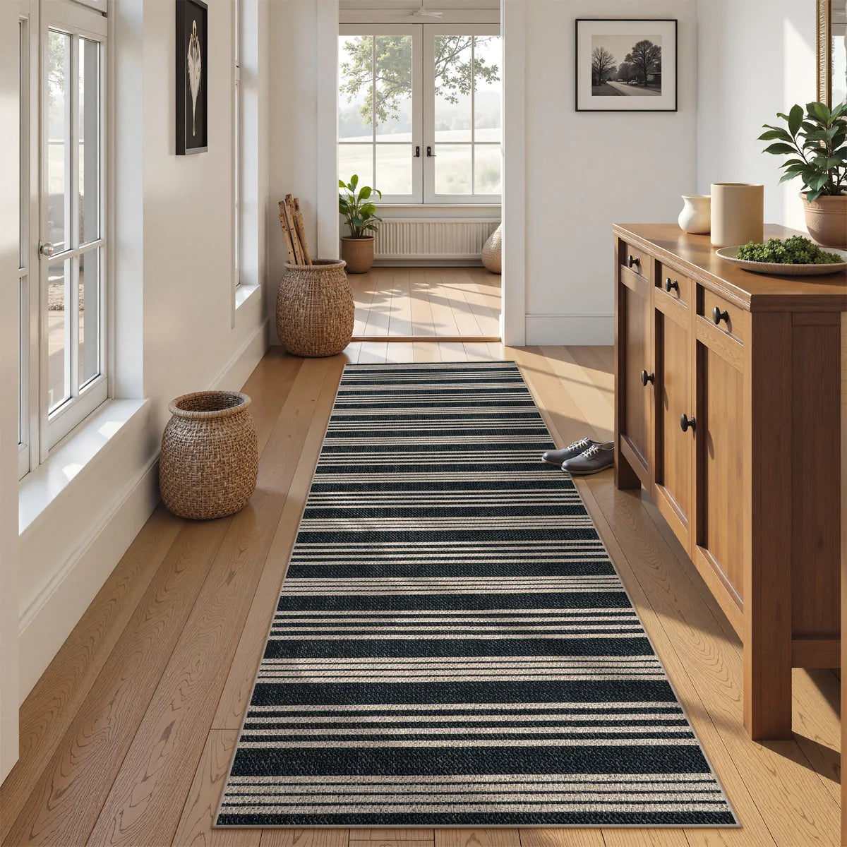 Elance Washable Modern Stripe Easy Jute Mix Black Indoor/Outdoor Rug Easy Jute Rug Lahome 2.5' x 8'