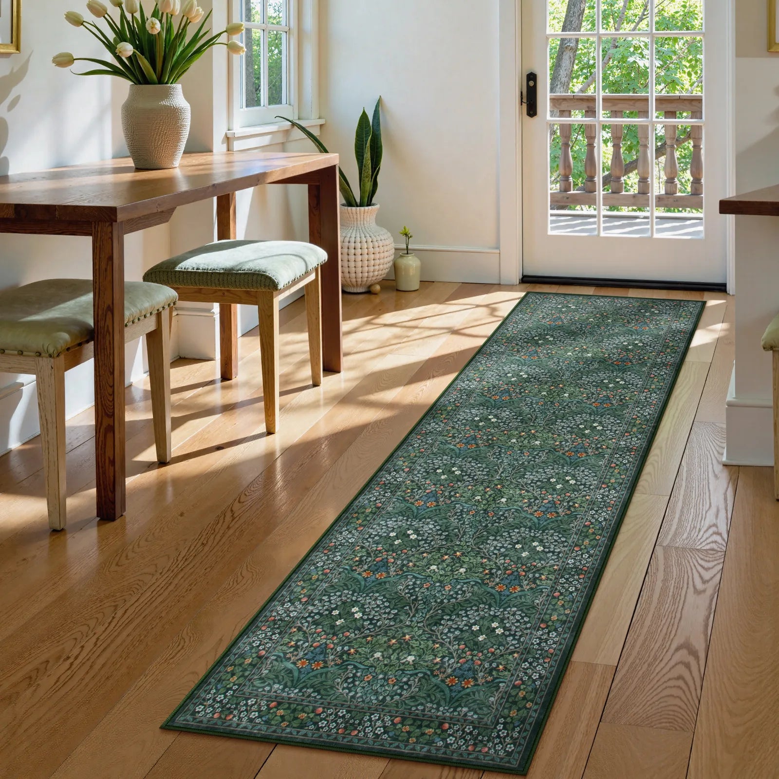 Giverny Washable Maximalism Vintage French Floral Dark Green Rug Rugs Lahome