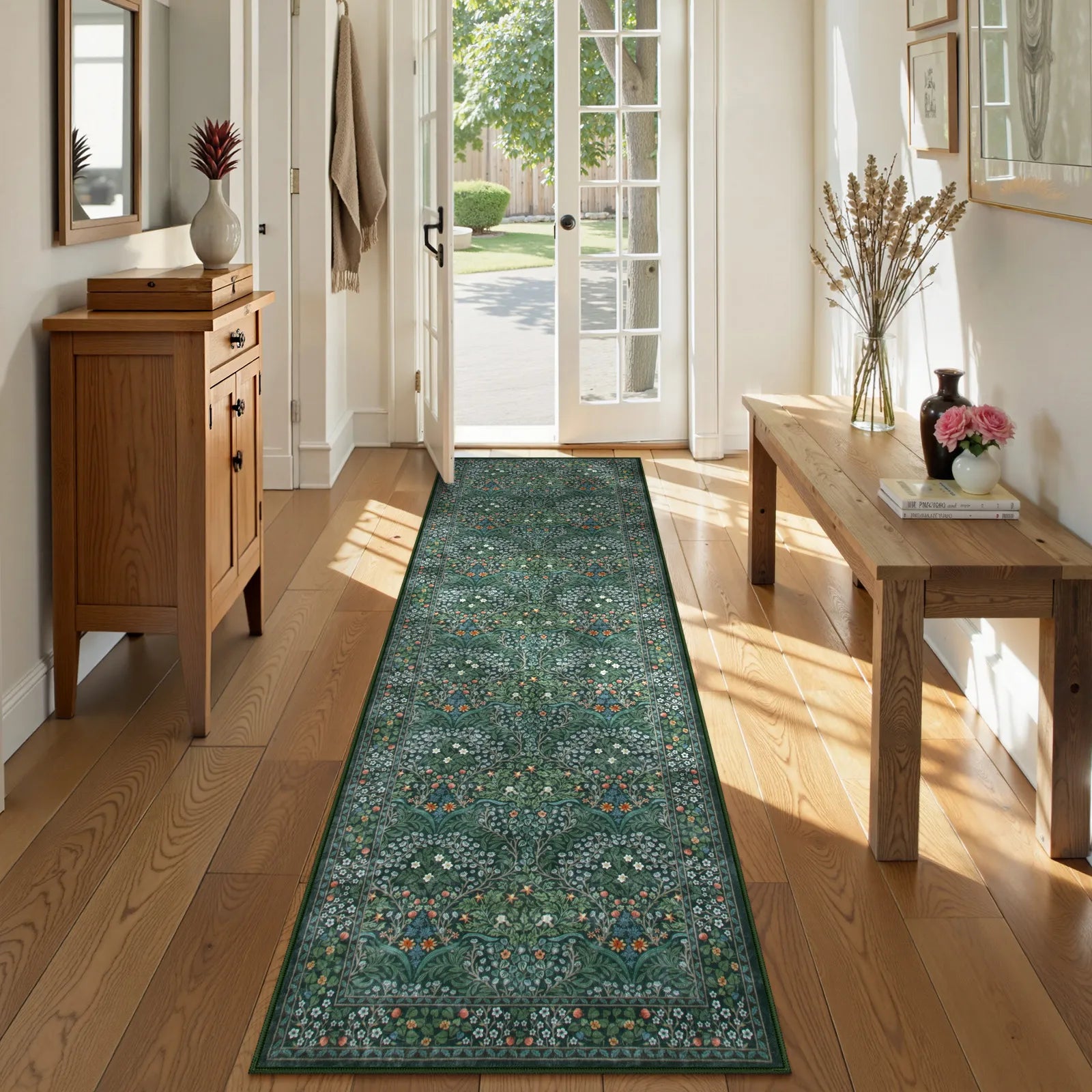 Giverny Washable Maximalism Vintage French Floral Dark Green Rug Rugs Lahome 2.5' x 8'