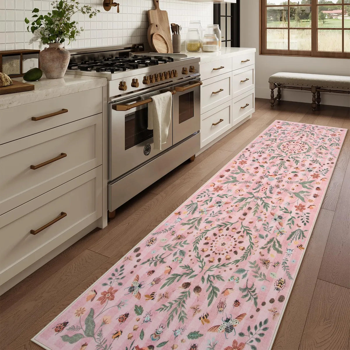Chloe Washable Boho Insect Botanical Floral Pink Runner Rug Area Rugs Lahome