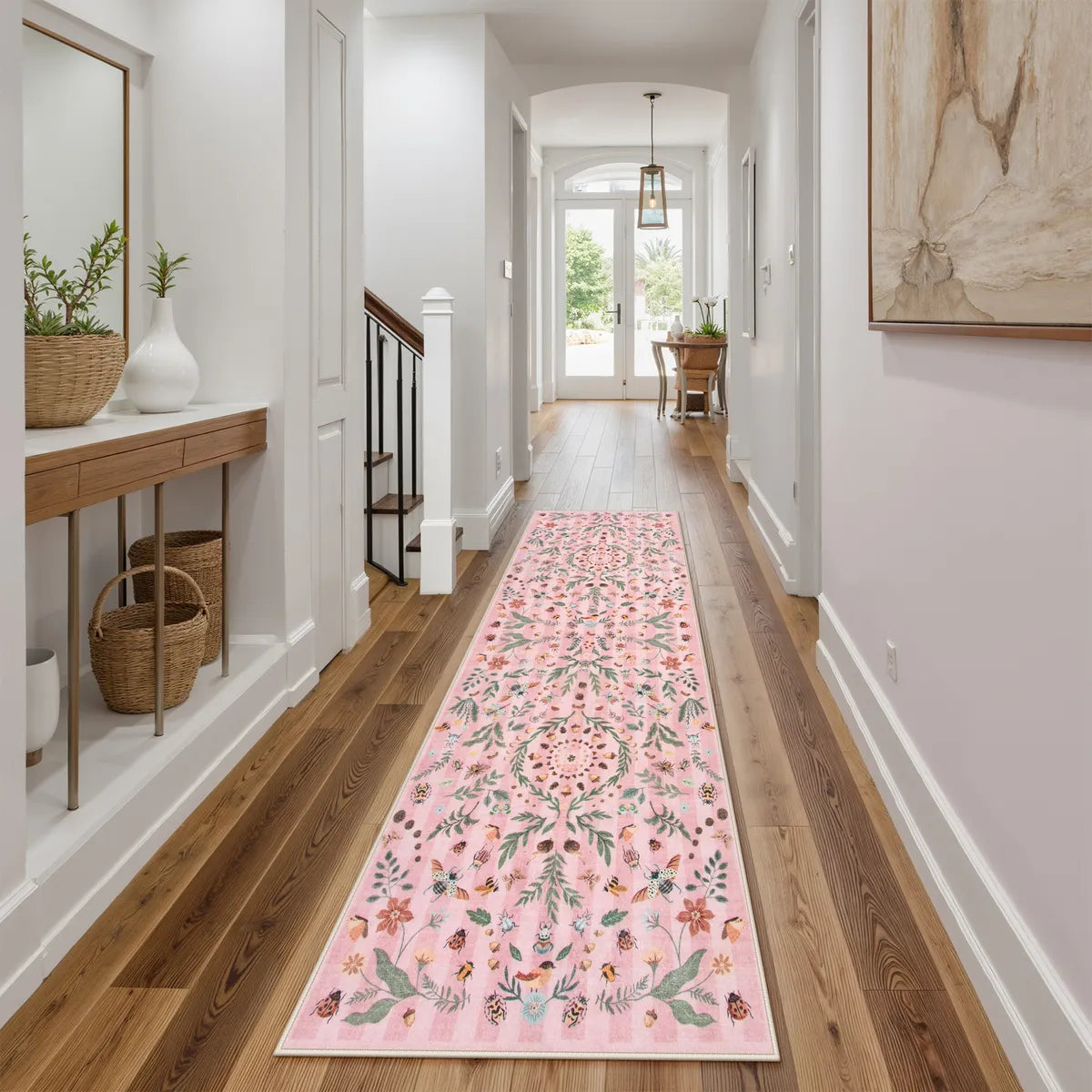 Chloe Washable Boho Insect Botanical Floral Pink Runner Rug Area Rugs Lahome