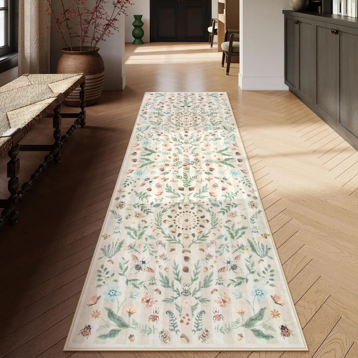 Chloe Washable Boho Insect Botanical Floral Beige Runner Rug Area Rugs Lahome