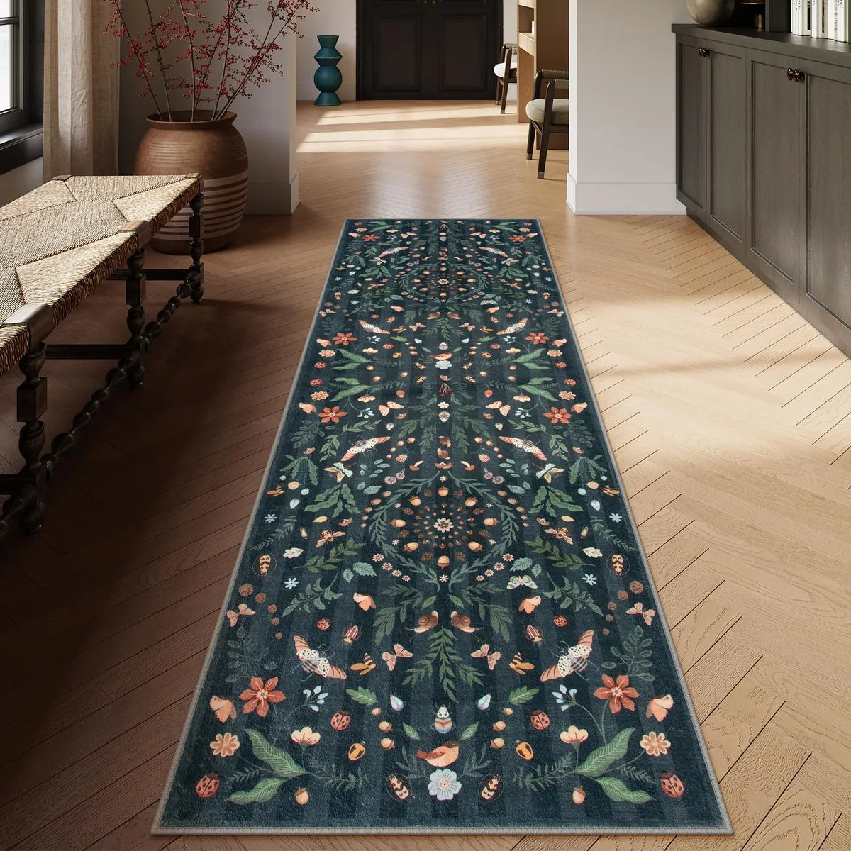 Chloe Washable Boho Insect Botanical Floral Black Runner Rug Area Rugs Lahome